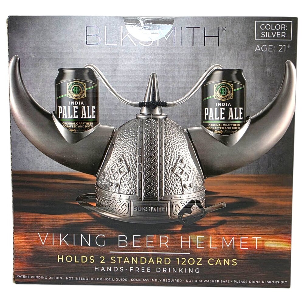 BLKSMITH Viking Beer Drinking Helmet Silver Holds 2 Standard 12oz Can Hands Free